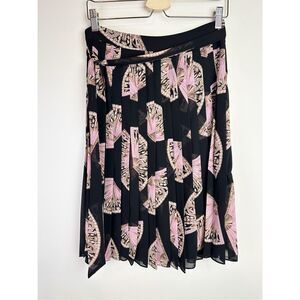 Ann Taylor size 2 Asian Fan Print Pleated Midi Skirt Black Pink Whimsical Retro